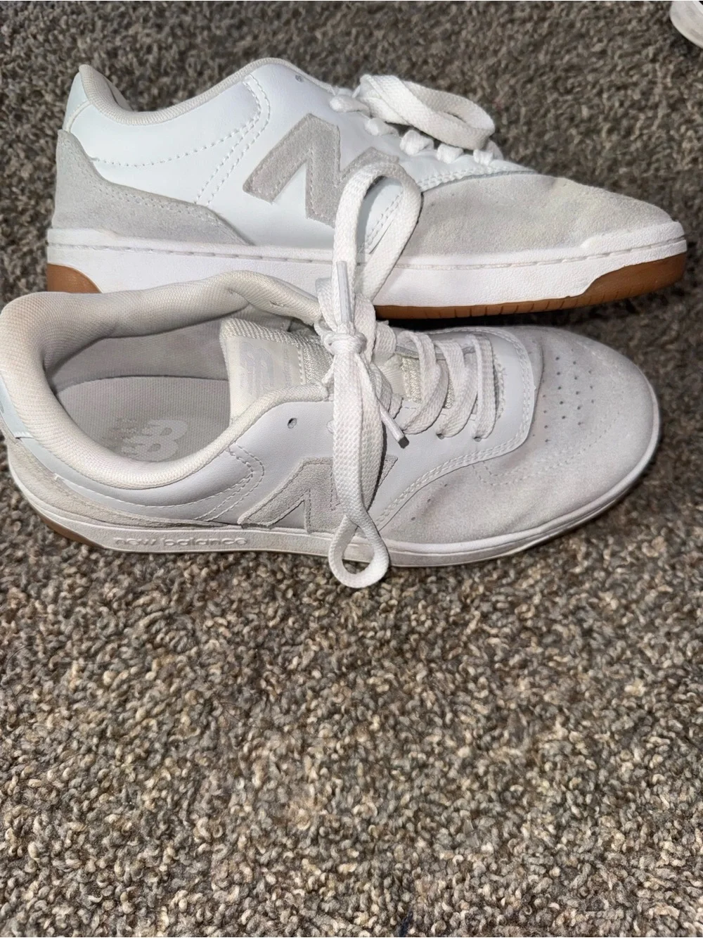 New Balance Women's White Suede & Leather Sneakers with Gum Sole